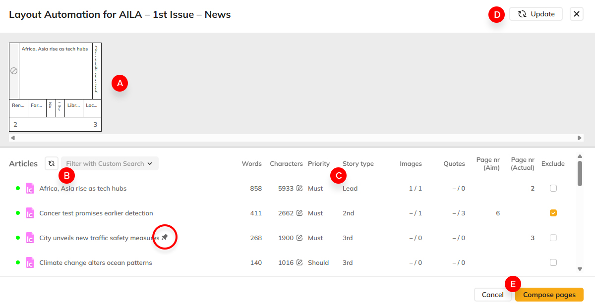 The components of the Create Pages dialog