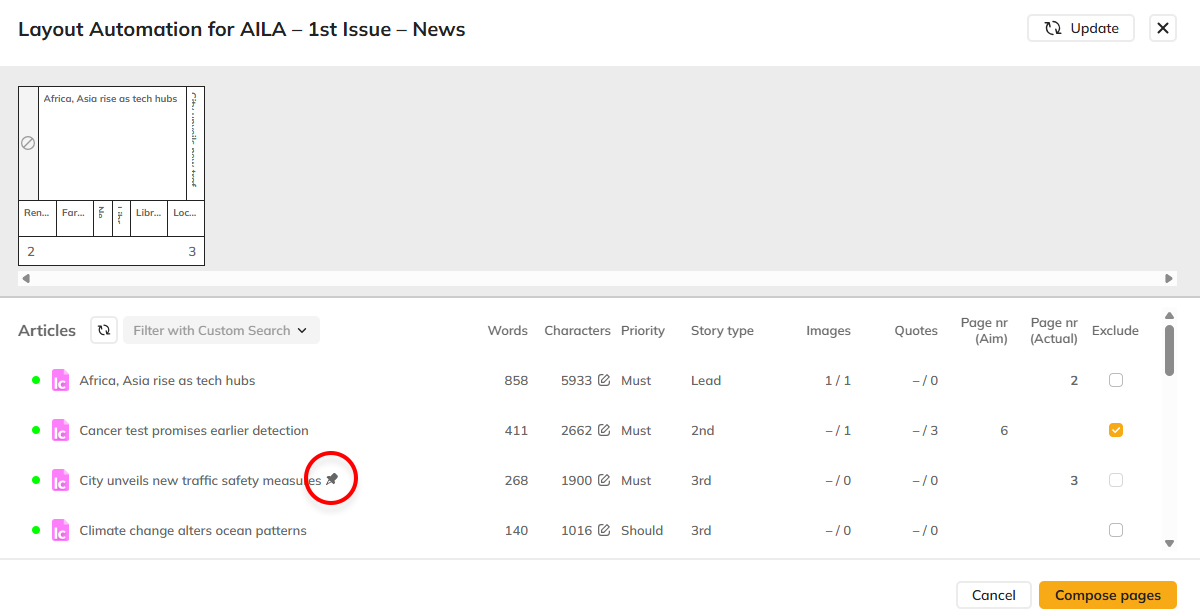 A Pin icon for an article in the Layout Automation dialog indicates that the article has already been placed