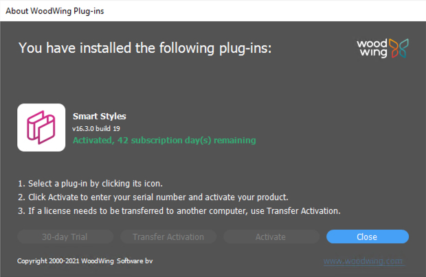 The About WoodWing dialog for Smart Styles 16.3.0.