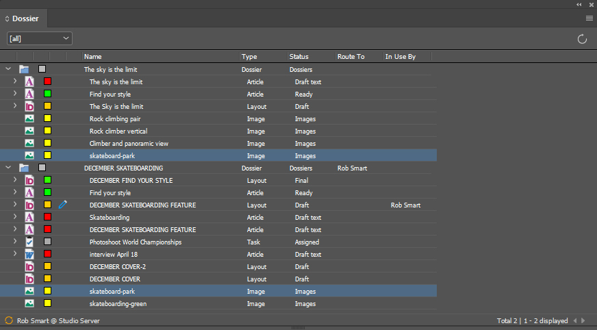 The Dossier panel of a layout and its placed files