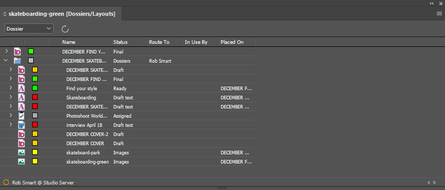 The Dossier panel of a file placed on layouts and part of Dossiers