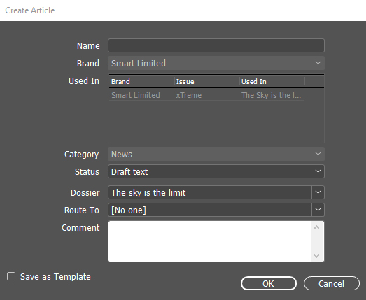 The Create Article dialog box