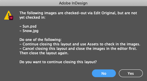 The message shown when closing a layout while images are still open for editing