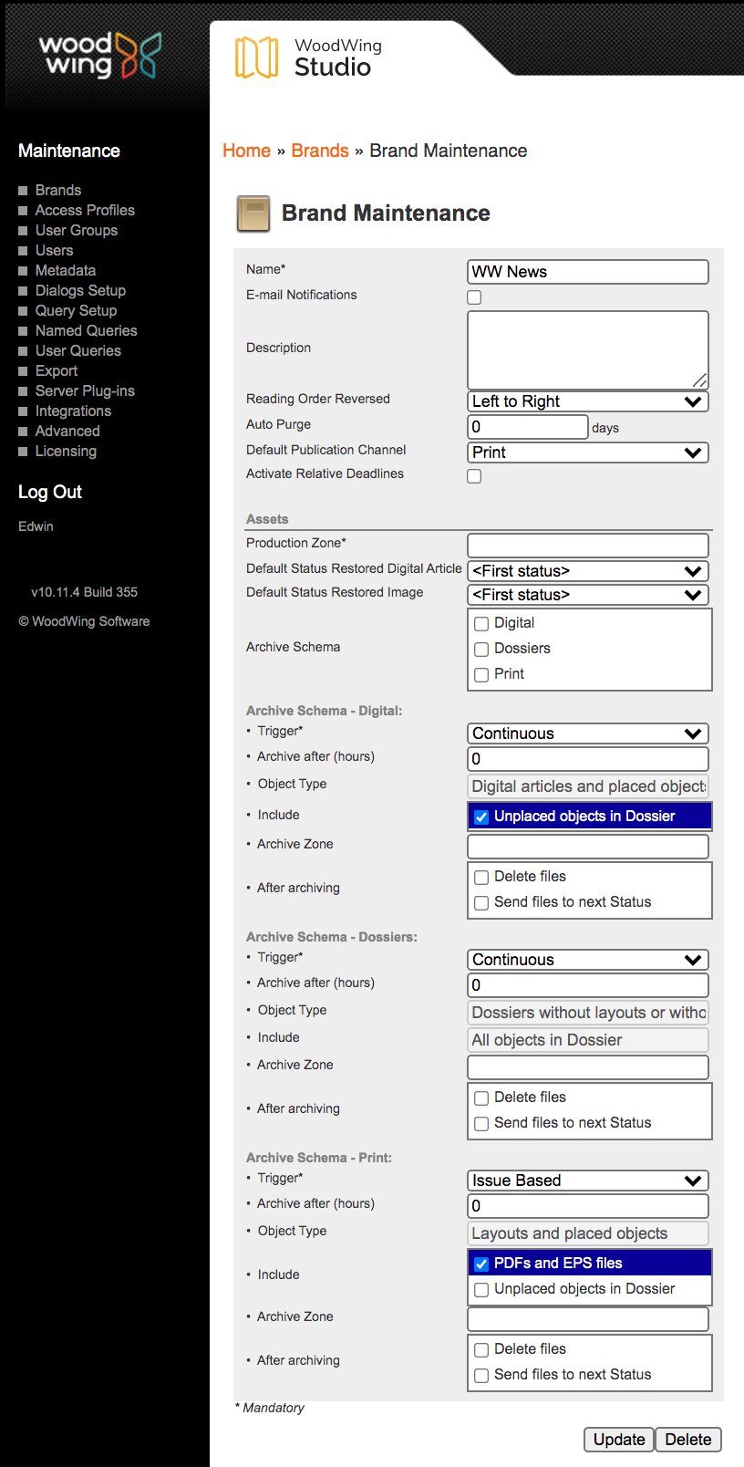 The Archiving options on the Brand Maintenance page