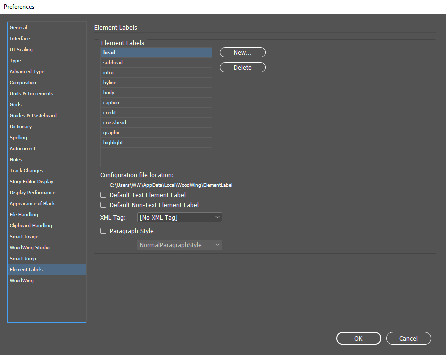 The Element Labels preferences.