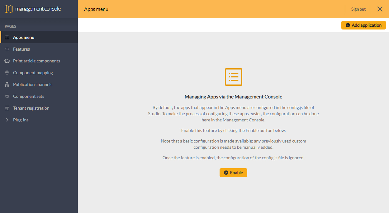 The Apps menu page in the Management Console showing the message for first use