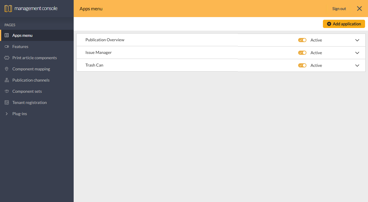 The Apps menu page showing the default applications
