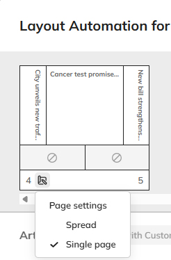 The Page settings menu for a layout in the Layout Automation dialog