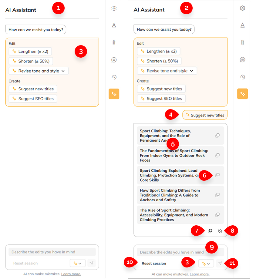 The components of the AI Assistant panel