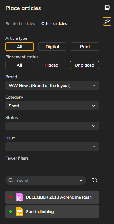 The new filtering options of the Place Articles panel