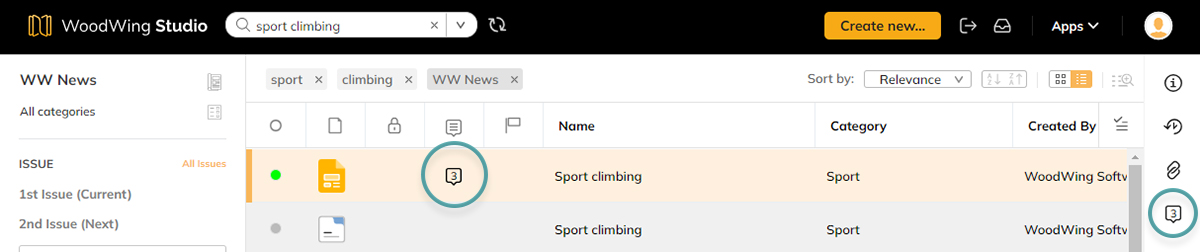 The total number of comments of a file is shown in the List view and the Comments icon