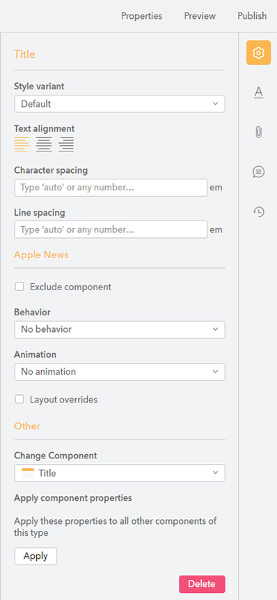 The old design of the Properties panel of the Digital editor