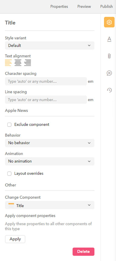The new design of the Properties panel of the Digital editor