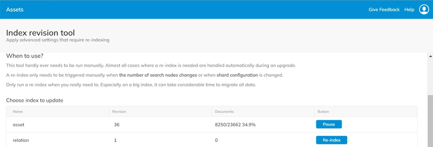 The Documents column of the Index revision tool shows the status of the re-indexing process