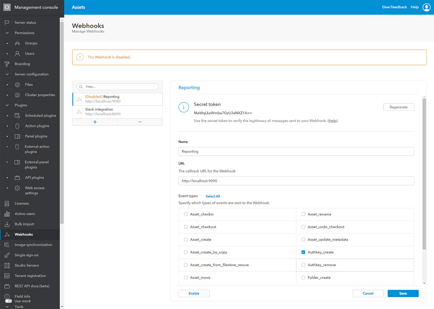 Disabled Webhooks are clearly indicated by a banner and label.