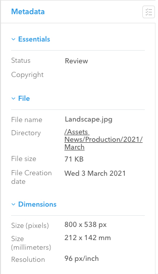 The Essentials group at the top of the metadata panel