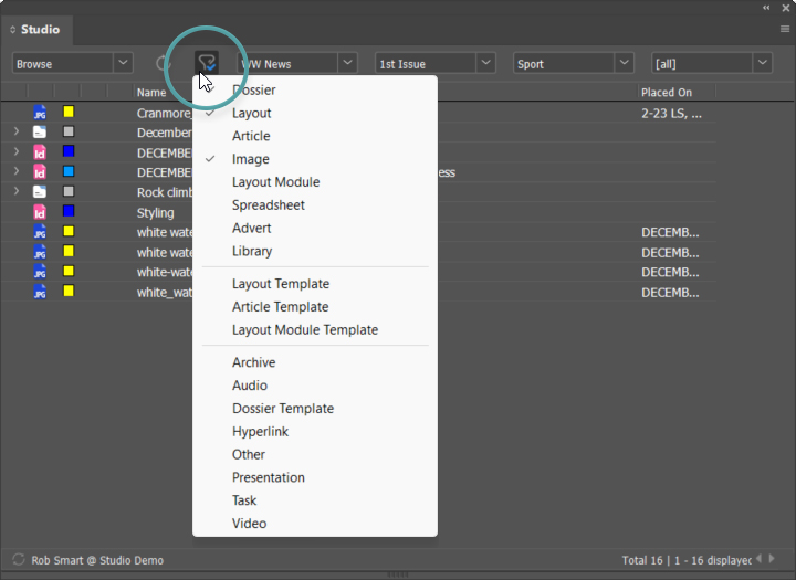 The Filter icon in the Studio panel