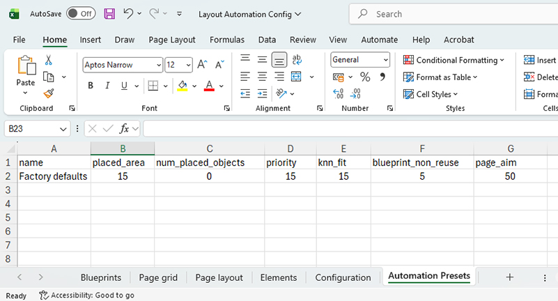 The Automation Presets tab in the Layout Automation Config spreadsheet