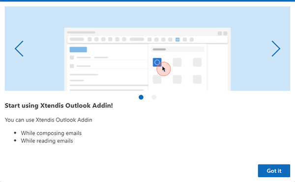 The screen with additional information about the Xtendis Outlook app