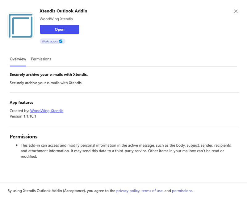 The window with detailed information about the Xtendis Outlook add-in