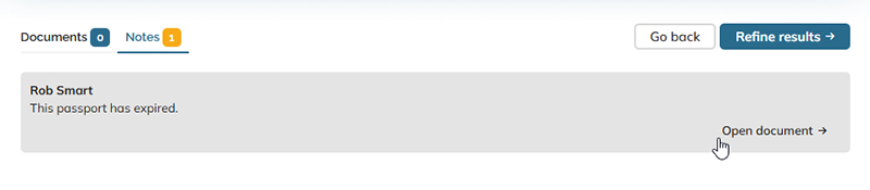 Hovering over a found note reveals the Open document button