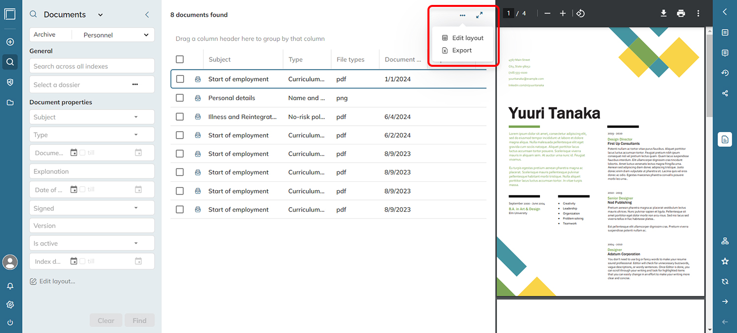The search results menu.
