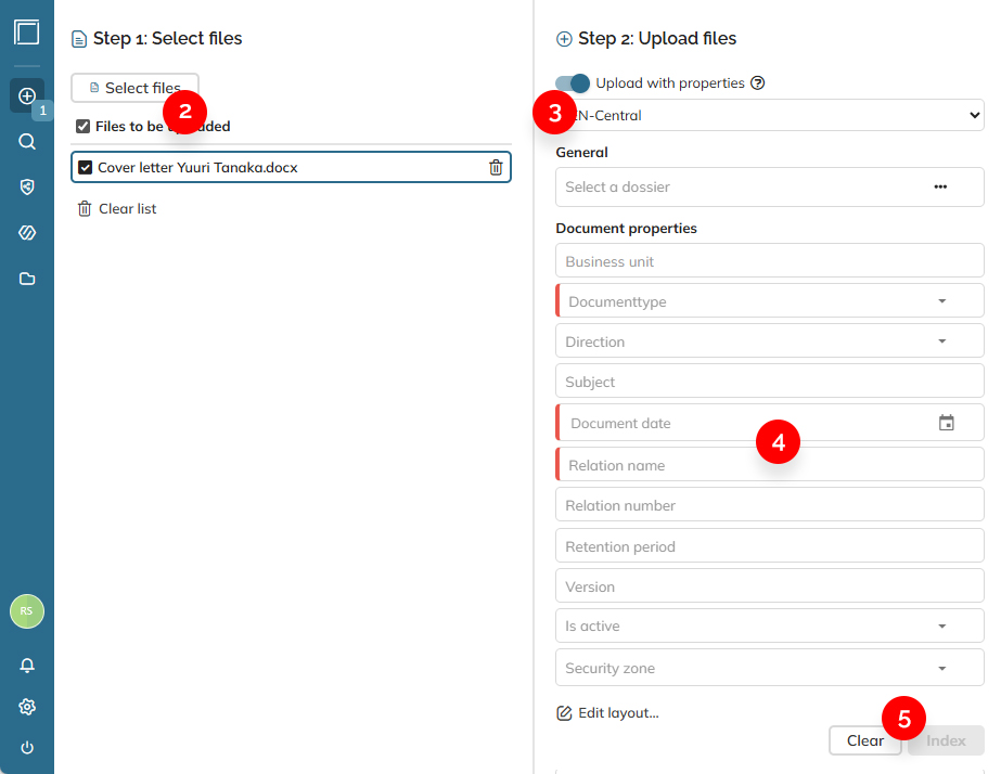 Steps 2 to 5 of uploading a file