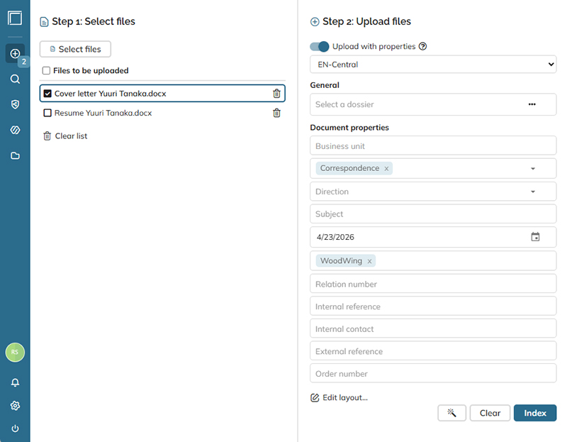 The list of properties when the option Upoad with properties is enabled