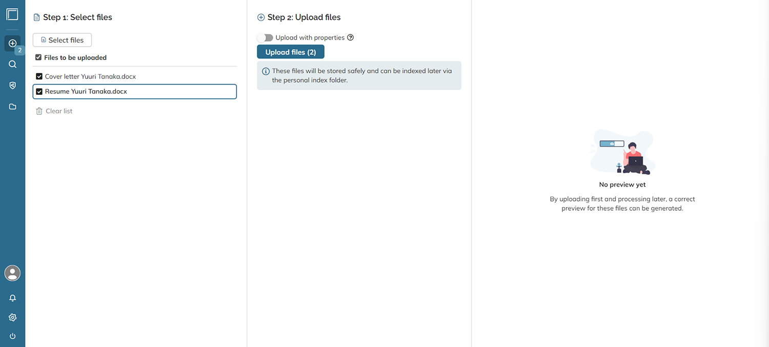 Files added to the Upload documents page.