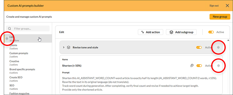 The handles for dragging a group, subgroup, or action to a different position