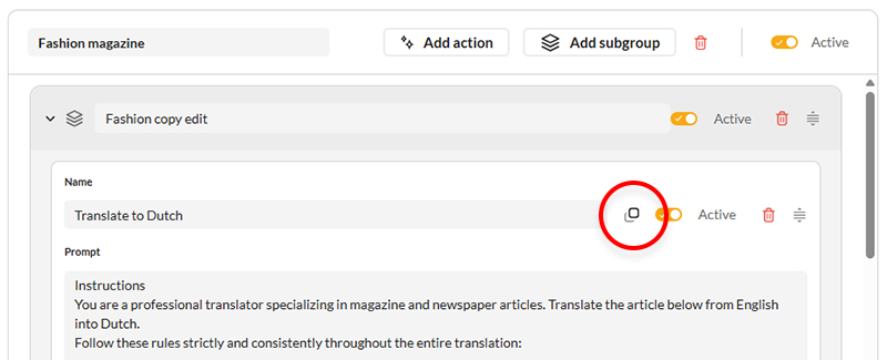 The Duplicate icon for an action