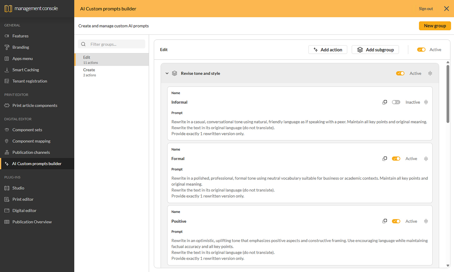 The AI Custom prompts builder in the Management Console