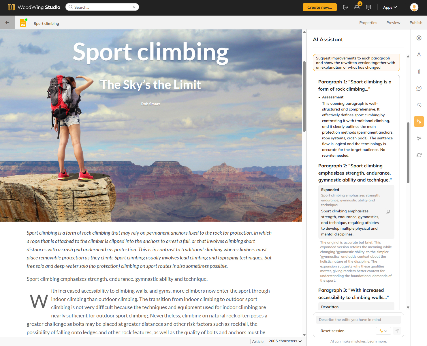 The AI Assistant panel showing detailed feedback on the suggested changes