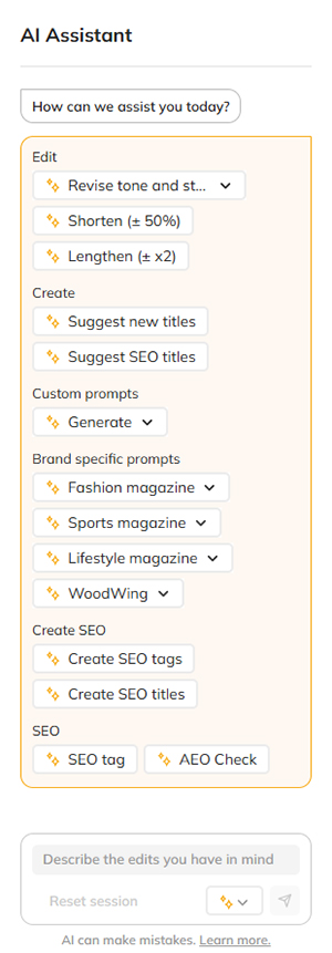 The AI Assistant panel with custom prompts