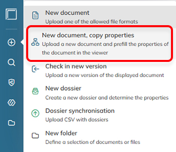 The New document, copy properties option in the menu of the vertical toolbar
