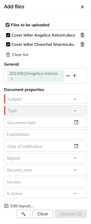 The Add files panel for a dossier