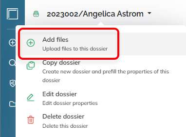 The Add files option in the action menu of a dossier