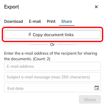 The Copy document links button in the Share tab of the Export panel