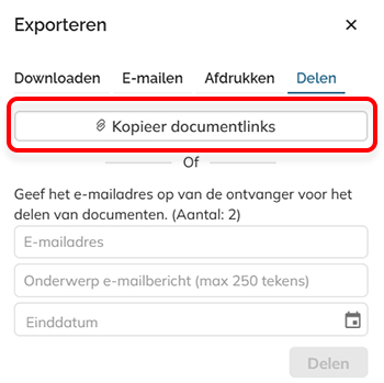 De knop Kopieer documentlinks in de tab Delen van het Exporteer paneel