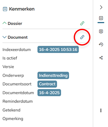 Het link-icoon 'Kopieer document' in het Kenmerken paneel