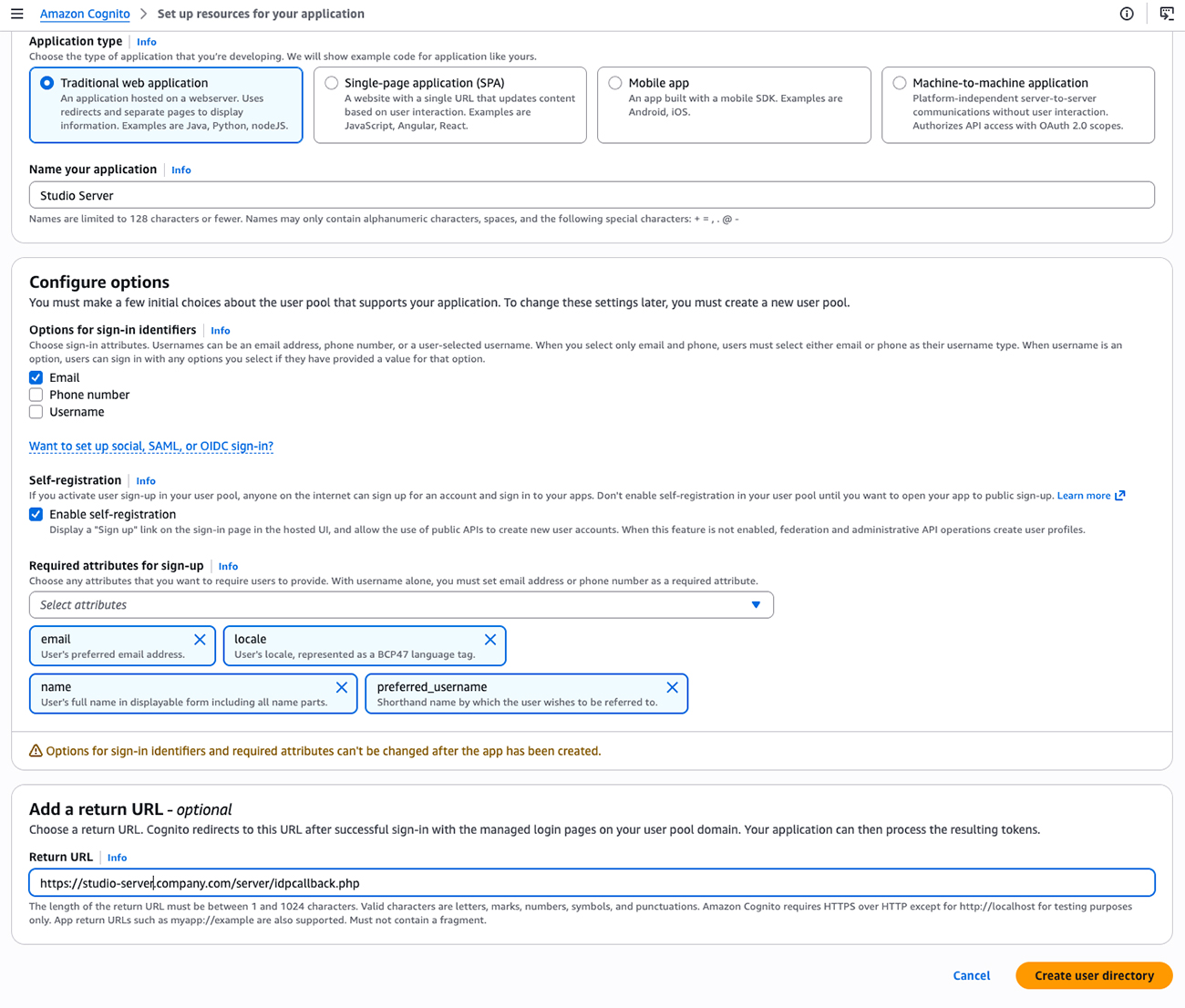 The Set up resources page in Amazon Cognito