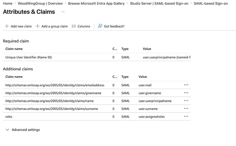 The Attributes and claims page