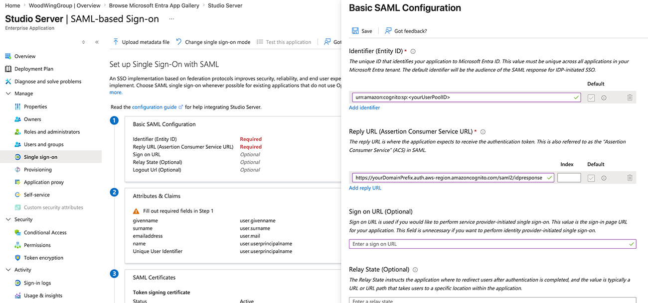 Editing the SAML options.