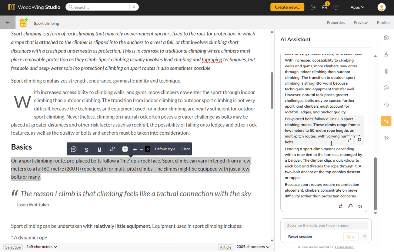 When replacing text in the AI Assistant panel, the text is highlighted in the article and in the panel