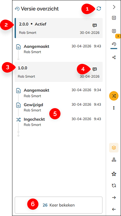 De onderdelen van het Versie overzicht in het Geschiedenis paneel
