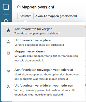 Het menu ‘Acties’ op de pagina ‘Mapopenverzicht’