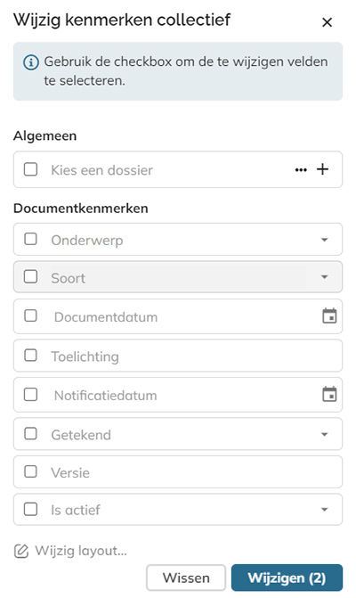 Het paneel Collectief kenmerken wijzigen