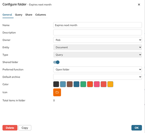 The Configure folder panel