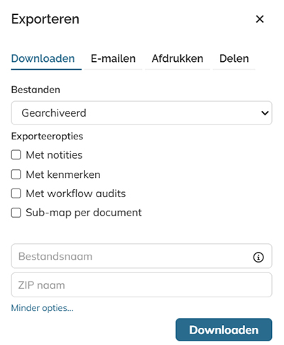 Het tabblad Downloaden in het deelvenster Exporteren met alle opties