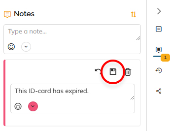 The save icon for saving a note after editing